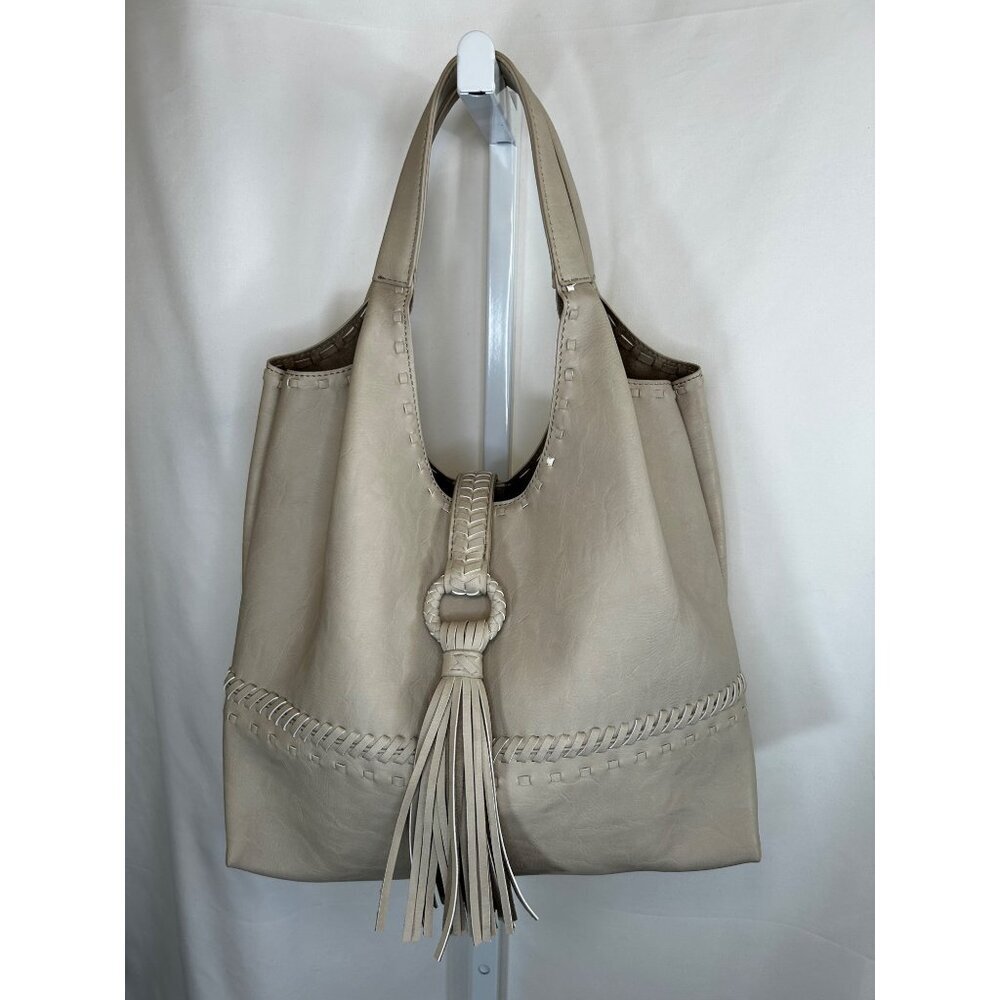 Big Buddha Shoulder Bag Leather Handbag Taupe Boho Tassel Whipstitch Hobo